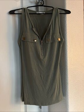 Olive Ribbed Zip-Front Tank Top with Button Accents